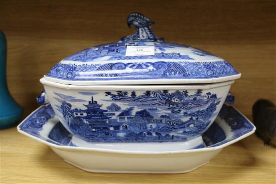A Chinese blue and white large tureen, cover and a similar dish, Qian Lung period